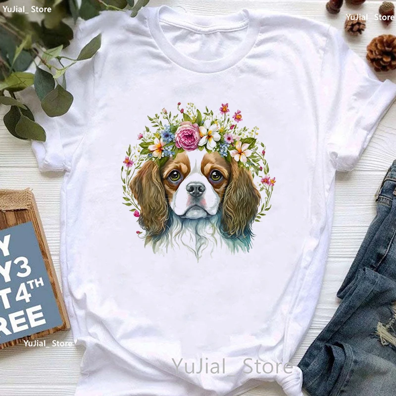 Cavalier King Charles Spaniel Flowers Print T Shirt Women Clothes 2024 Harajuku Kawaii Dog Tshirt Femme Summer Fashion T-Shirt