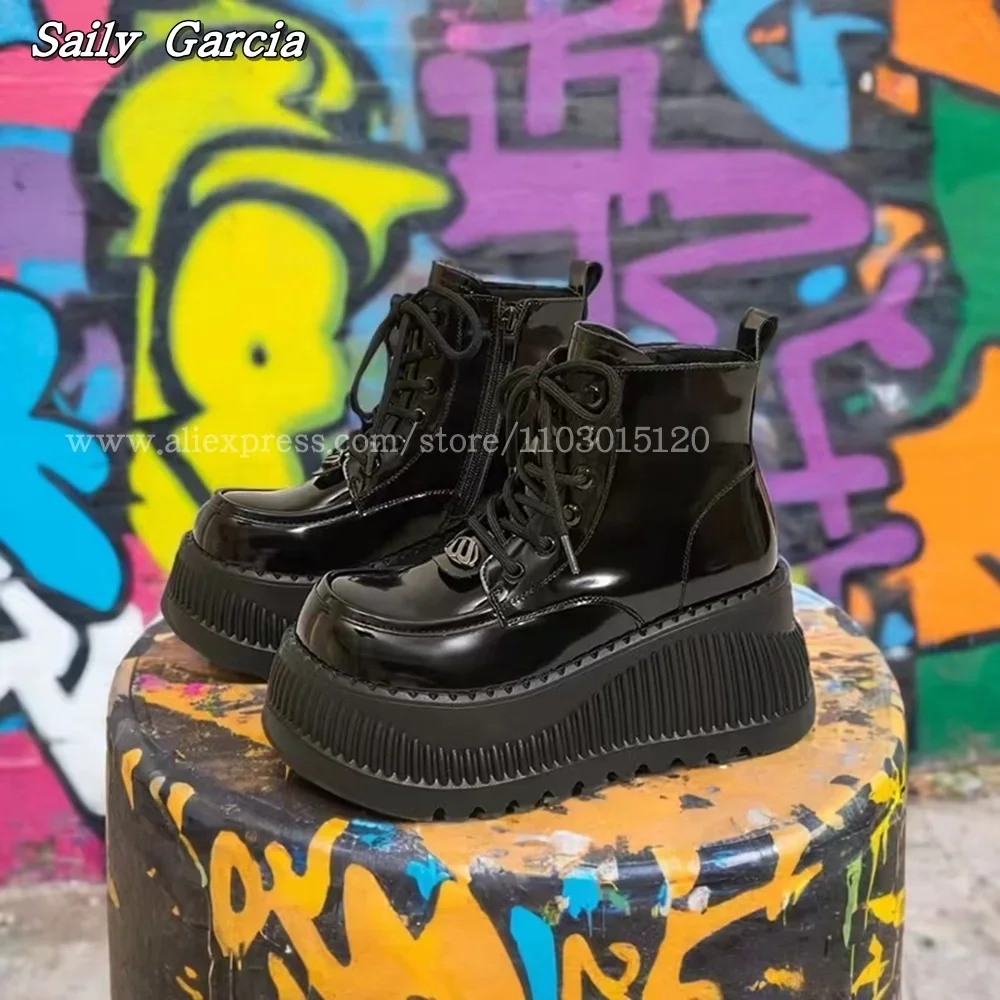 

Patent Leather Glossy Thick-Sole Side Zipper Motorcycle Boots Autumn New Fashion All-Match Casual Boots Round Toe Platform Boots