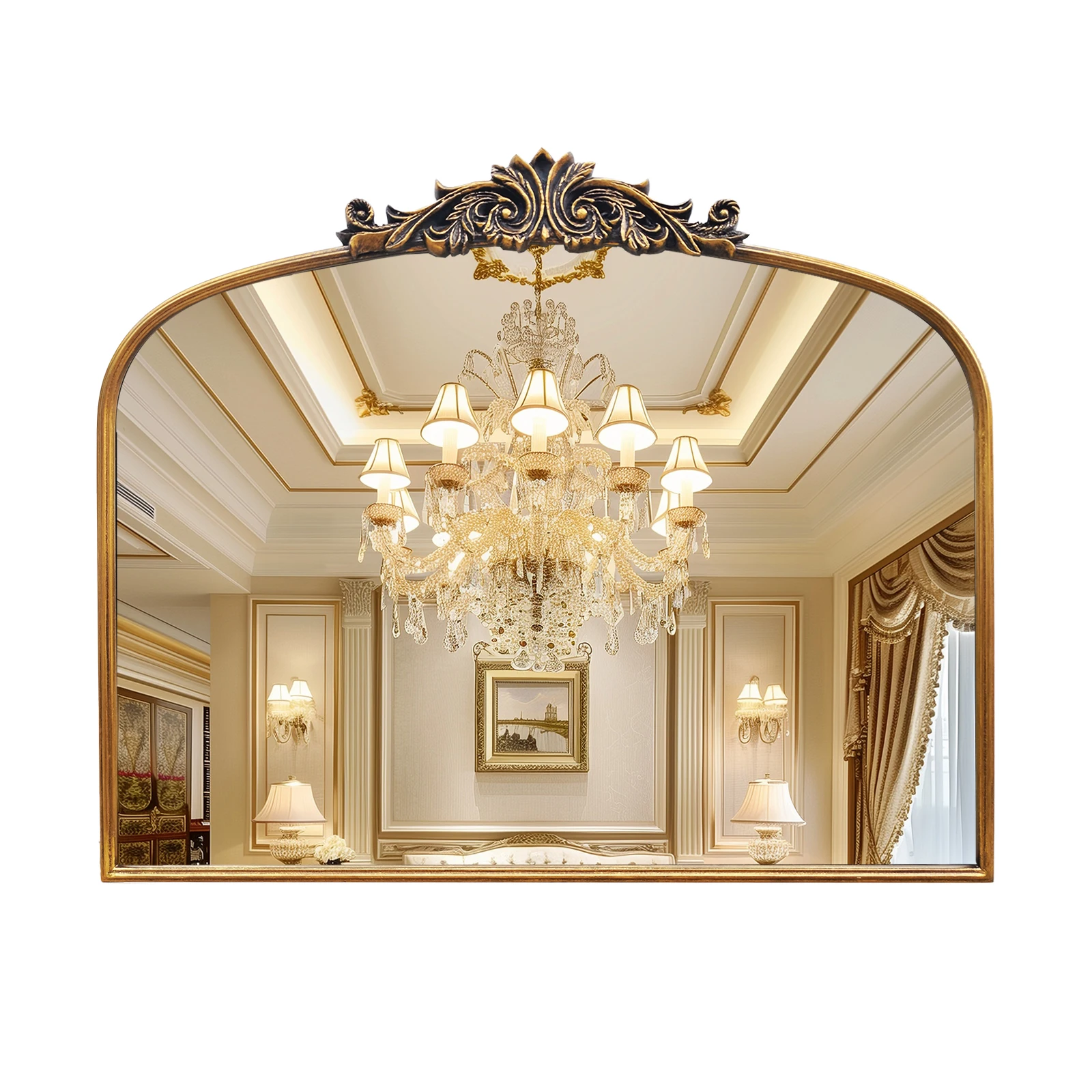 Bogenförmiger Antik-Spiegel, Wandspiegel mit Vintage-Goldmetallrelief, Distressed Wanddekoration für Waschraum, Badezimmer, Schlafzimmer