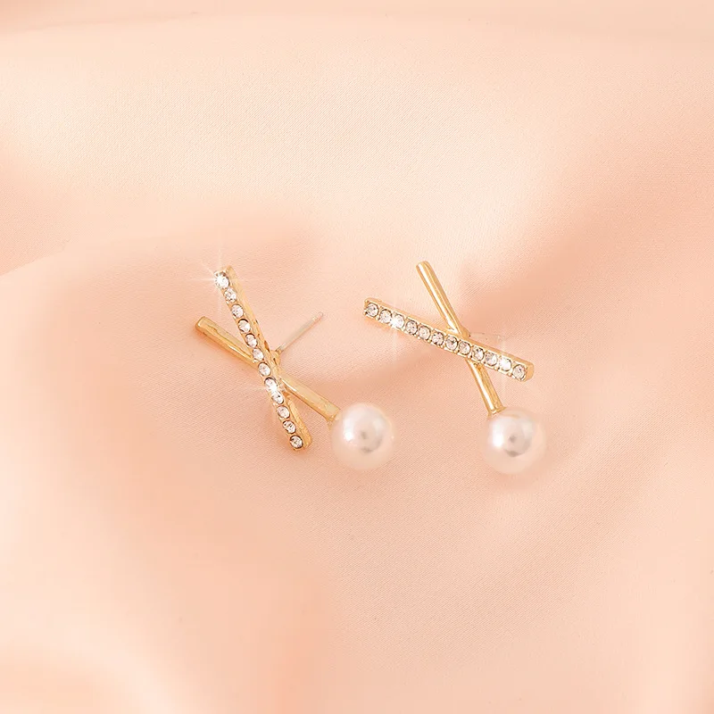 Zircon Letter X Imitation Pearl Golden Earrings for Women Design Fashion Retro Earrings Jewelry Party Gifts Wholesale