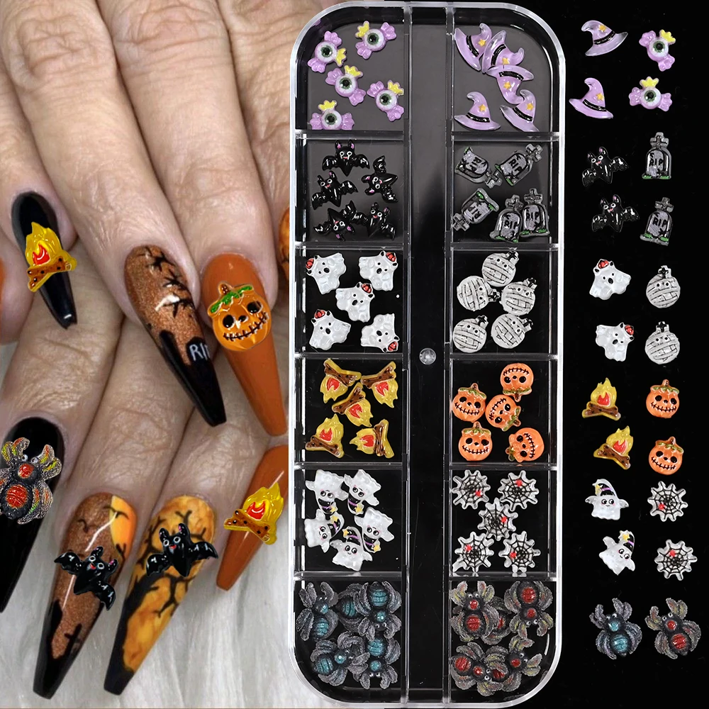 12 gids 3D resina fantasma murciélago Halloween uñas diamantes de imitación araña malvada calabaza momia lindo encantos de uñas plana joyería de manicura de Halloween