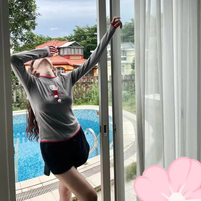 Sanrio Hello Kitty Kawaii Anime Mode Lässig Katzenmuster Langarm T-Shirt Damen Slim Fit Fun Short Top Hosen Sets Anzug