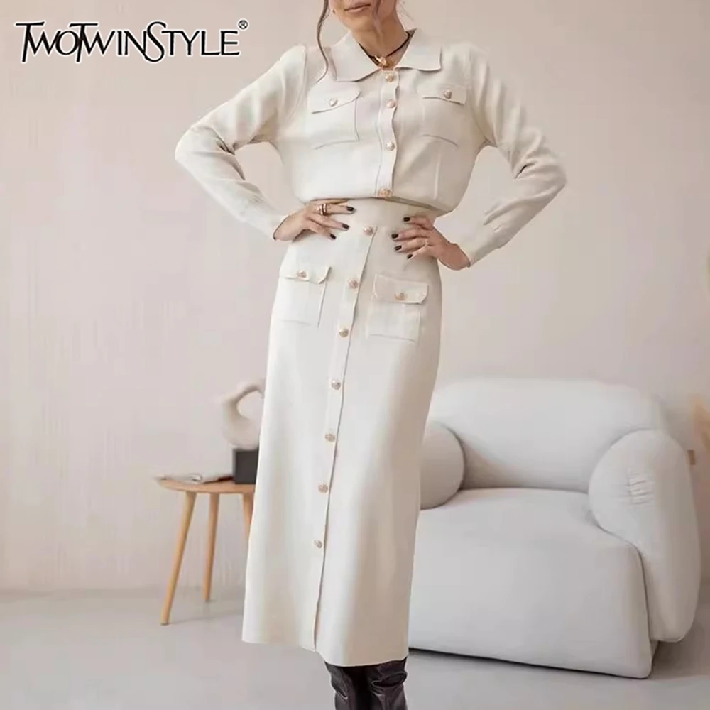 

TWOTWINSTYLE Solid Elegant Two Piece Set For Women Lapel Long Sleeve Spliced Buttons Tops High Waist Skirt Chic Set Female New