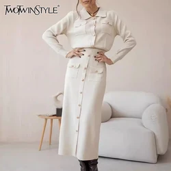 TWOTWINSTYLE Solid Elegant Two Piece Set For Women Lapel Long Sleeve Spliced Buttons Tops High Waist Skirt Chic Set Female New