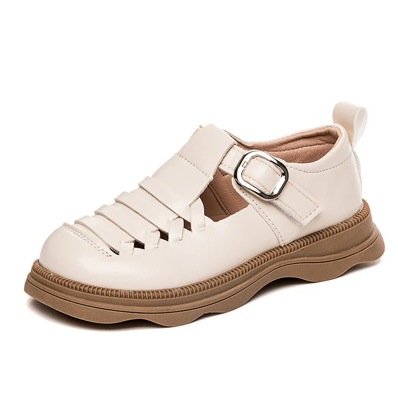 Kids Leather Shoes for Girl Mary Janes Casual Shoes Fashion Hollow Breathable Children Princess Flat School Shoe 2024 Summer New