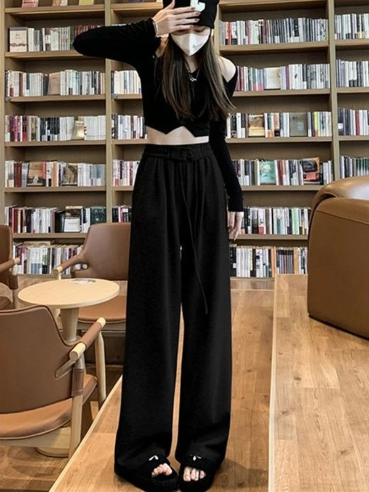 Womens SS 2026 Gray Wide Leg Straight Pants Casual Drape Petite Drawstring Sport Sweatpants Stylish