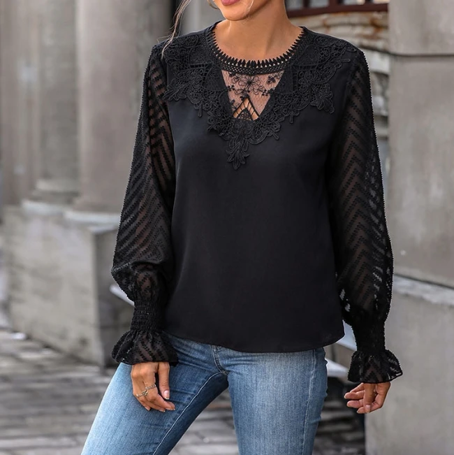 

Women's Blouses Lace Patchwork Top Long Sleeved 2025 New Women's Fashion Casual Commuting V-Neck See Through Pullover Shirt