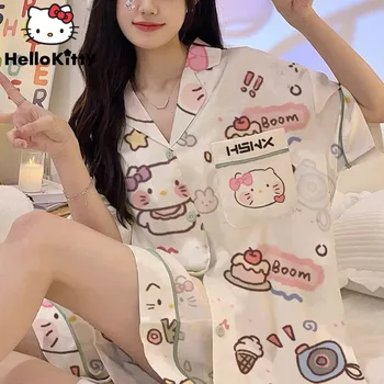 산리오 헬로 키티 포차코 시나모롤 실크 잠옷, 귀여운 만화 프린트 잠옷 세트, Y2k 소녀 홈 의류, 여름