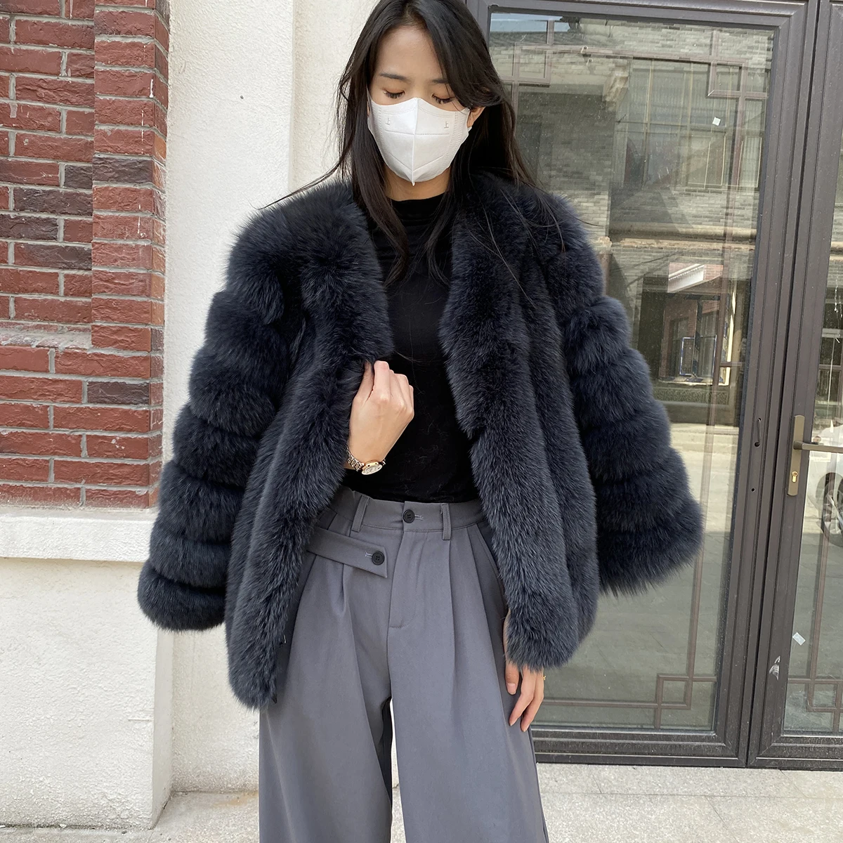 Real Fur Coat Women Winter Fashion Natural Fox Fur Jacket Deep V