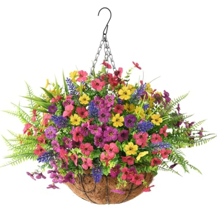 

Artificial Faux Hanging Plants Flowers Basket for Spring Outdoor Decoration 12 Bundles Faux Silk Daisy and Ferns with Lavender