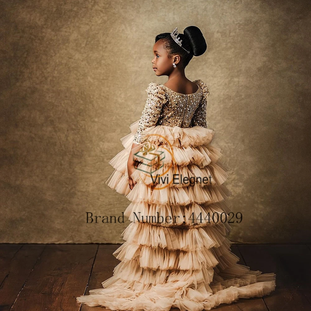 Vestidos de flores doradas con lentejuelas para niñas, vestidos de fiesta de boda de tres cuartos, escalonados, verano 2023