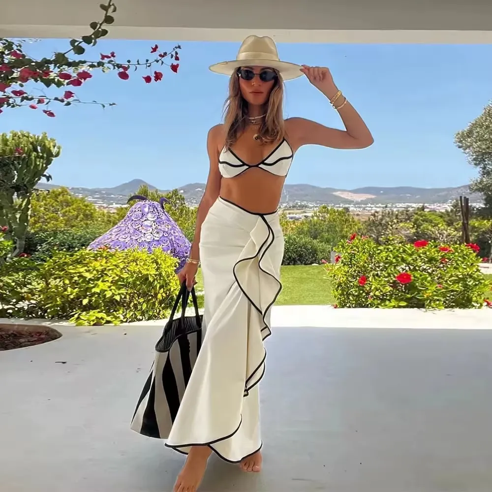 Women 3 Piece White Bikini Set Trim Triangle String Bikini Top Ruffle Wrap Maxi Skirt Cover Up Summer Beach Vacation Swim Outfit