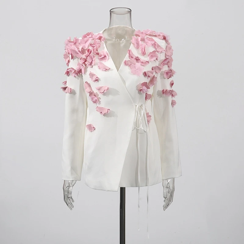

Faionable Floral Decorated Belted Women's Suit Jaet 2025 New Sle High-End European Faion Cotton Blend Commute Wind