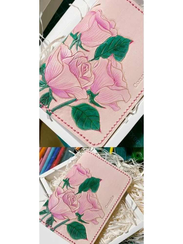 Handmade leather leather carving pure hand-dyed flower lettering, passport contractor card Delicate custom leather bag