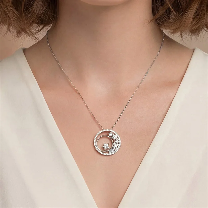 ZFSILVER 925 Sterling Silver Moissanite Necklace Women Trendy Round Moon Star Charms Jewelry Fashion Accessory Gift Party MP0107