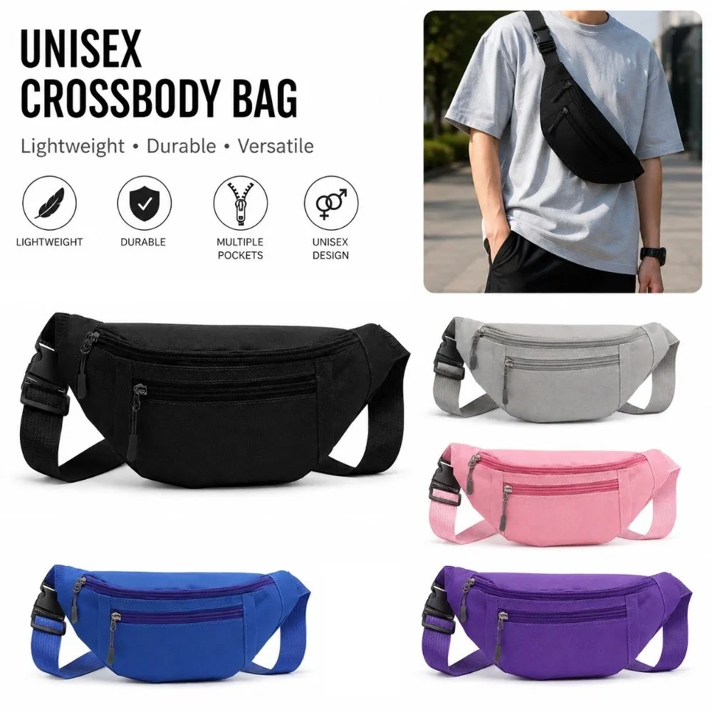 Casual Solid Color Fanny Pack Large Capacity Multi-Pocket Crossbody Bag Adjustable Strap Waist Pack Unisex