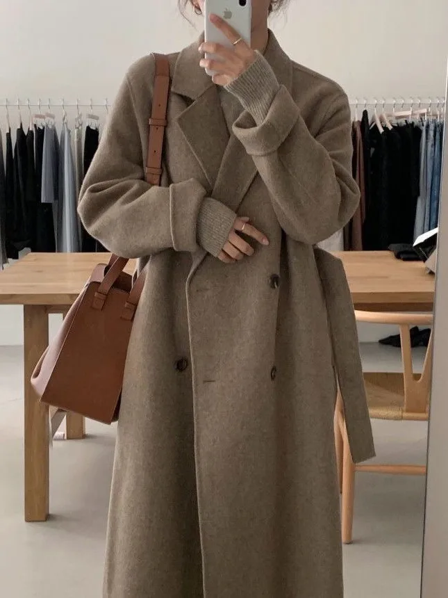 

Chic Autumn Winter Vintage Classic Sle Suit Collar Double Breasted Loose Casual Long Sve Woolen Coat Women's Outerwear