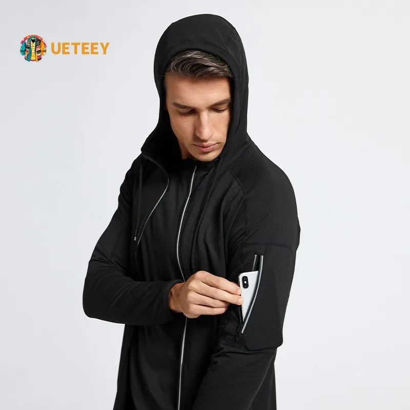

UETEEY Men's Fitness Workout Gym Sports Jackets Hooded High Elastic Quick Dry Lightweight Running Compressed Training Coat Men