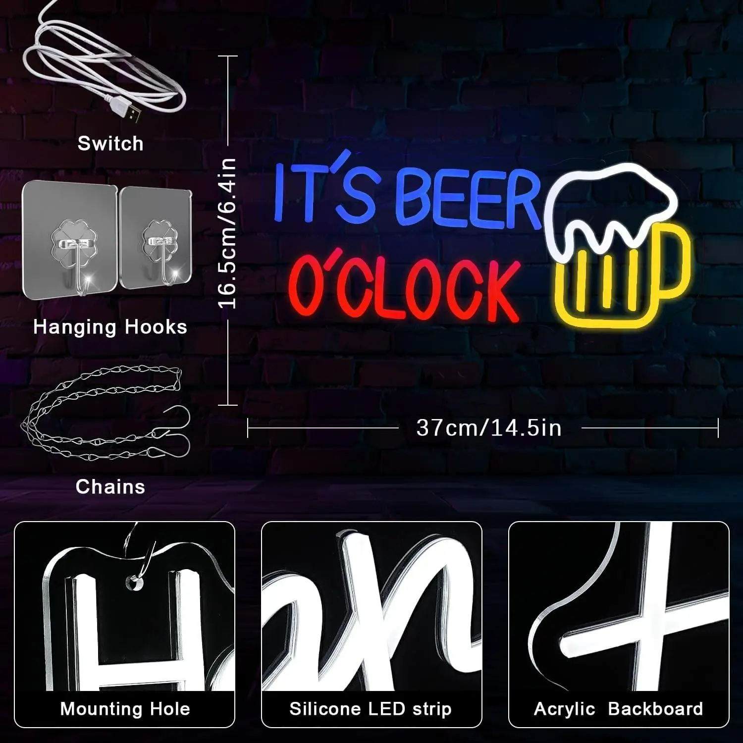 It's Beer O'Clock Neon Sign USB Dimmable LED Lights for Man Cave Garage Patio Home BAR Pub Nightclub Restaurant Wall Decor
