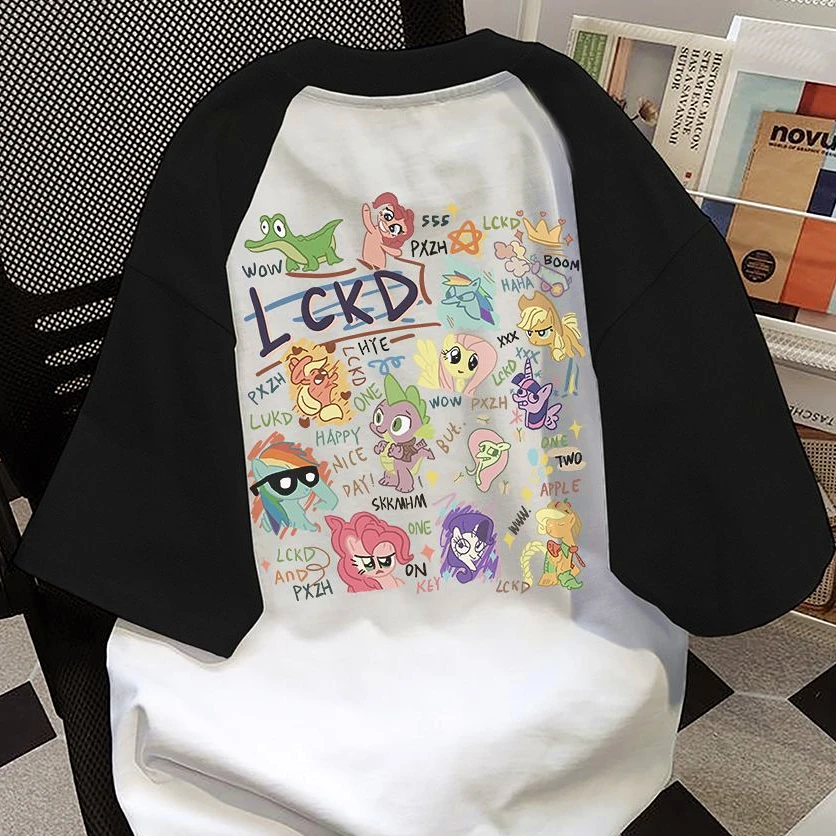 Korean Brand Fashion Tops Cute Monster Pattern T Shirts High Quality Cotton Raglan Sleeve Oversized Tops Grunge Y2K Summer Tees