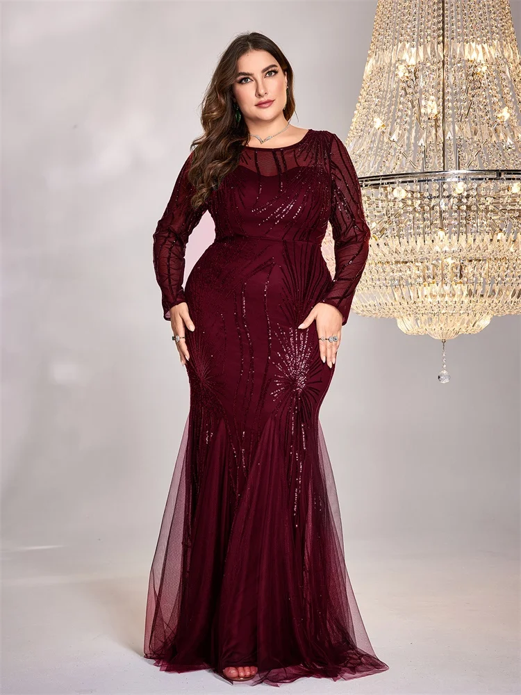 Plus Size Red Elegant Long Sleeves Sequin Tulle Evening Dresses Women Luxury O-neck Mermaid Formal Wedding Party Maxi Prom Gown