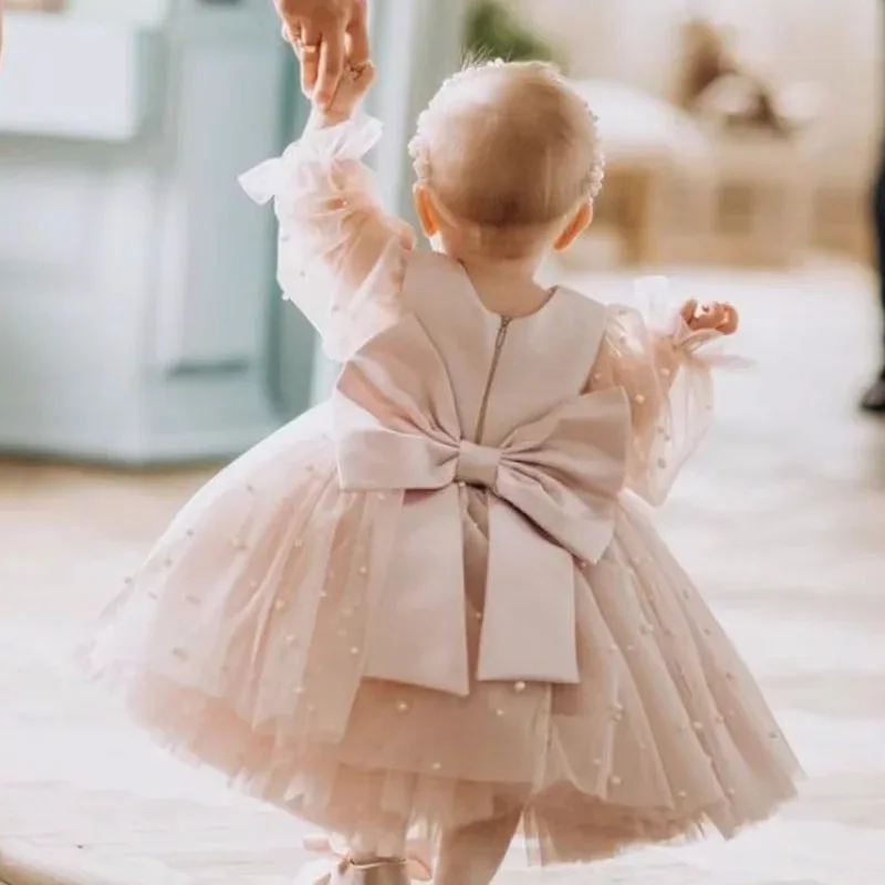 Vestidos de niña de flores, falda de perlas hinchada de tul rosa polvoriento con lazo, manga larga para boda, fiesta de cumpleaños, vestidos de primera comunión