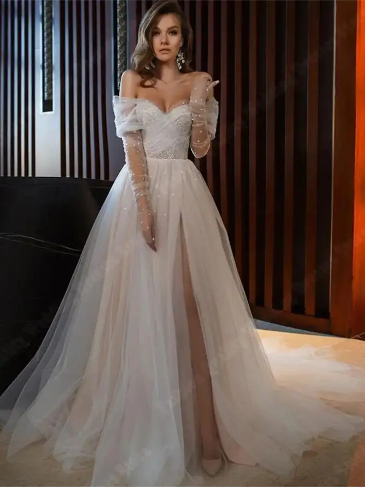 Hermoso vestido De Novia con cuello en V y hombros descubiertos, Vestidos De Novia clásicos con Apliques De encaje, nuevos Vestidos De Novia elegantes con horquilla De línea a