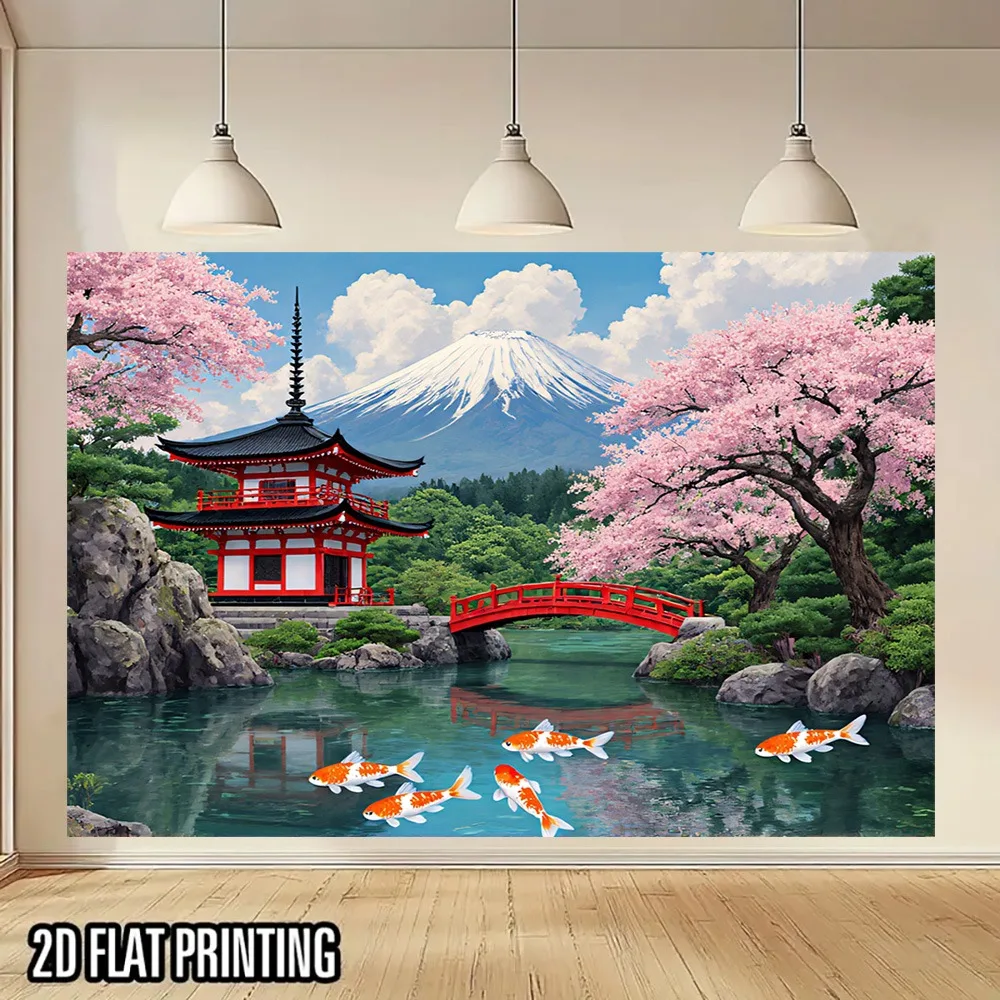 Japanese Garden Wall Mural Mount Fuji Cherry Blossom Temple Koi Fish 2D Flat Printing Home Decor Artwork For Living Room