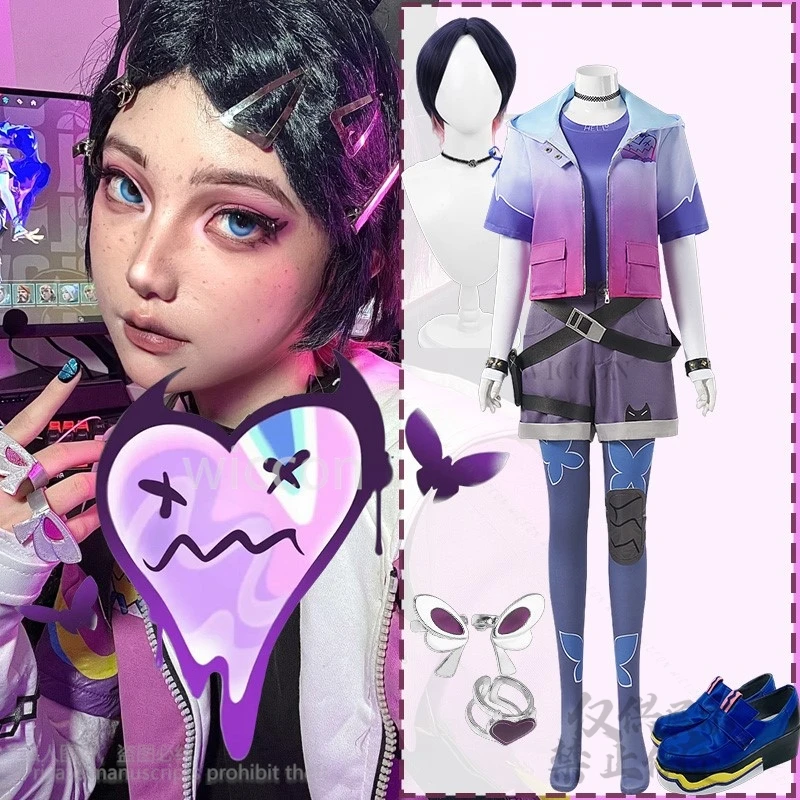Anime Spiel Valorant Cosplay Nelke Kostüm Lila Uniform Anzug Top Jacke Hosen Perücken Ringe Schuhe Für Mädchen Halloween Angepasst