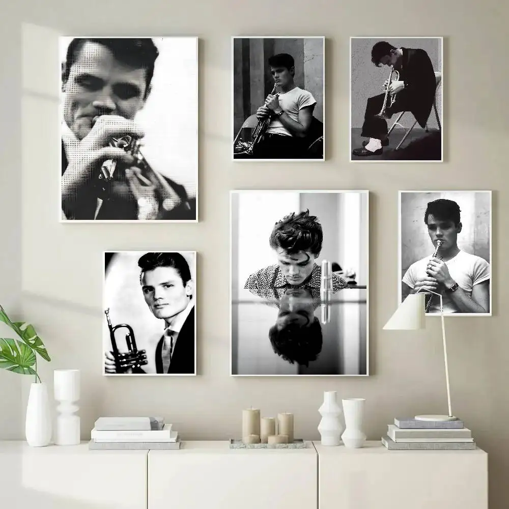 Cold Jazz Trumpet Player Chet Baker Vintage Poster Self-adhesive Art Room Entrance Restaurant Wall Decor Art Painting