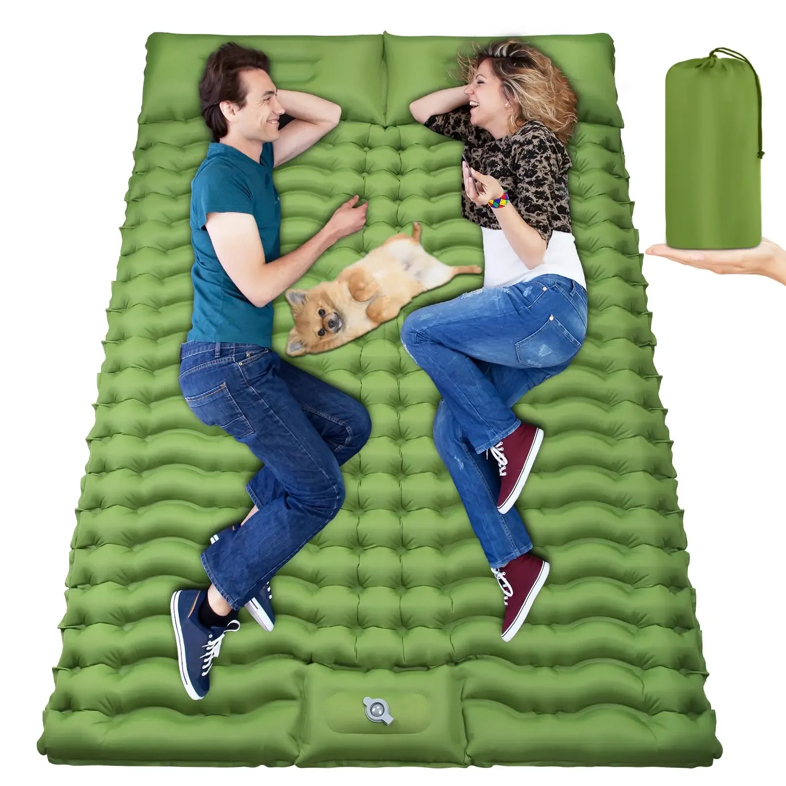 

Camping Sleeping Pad 2 Person: for camping, hiking, backpacking, traveling.TPU coating Portable: Inbuilt foot pump & pillows