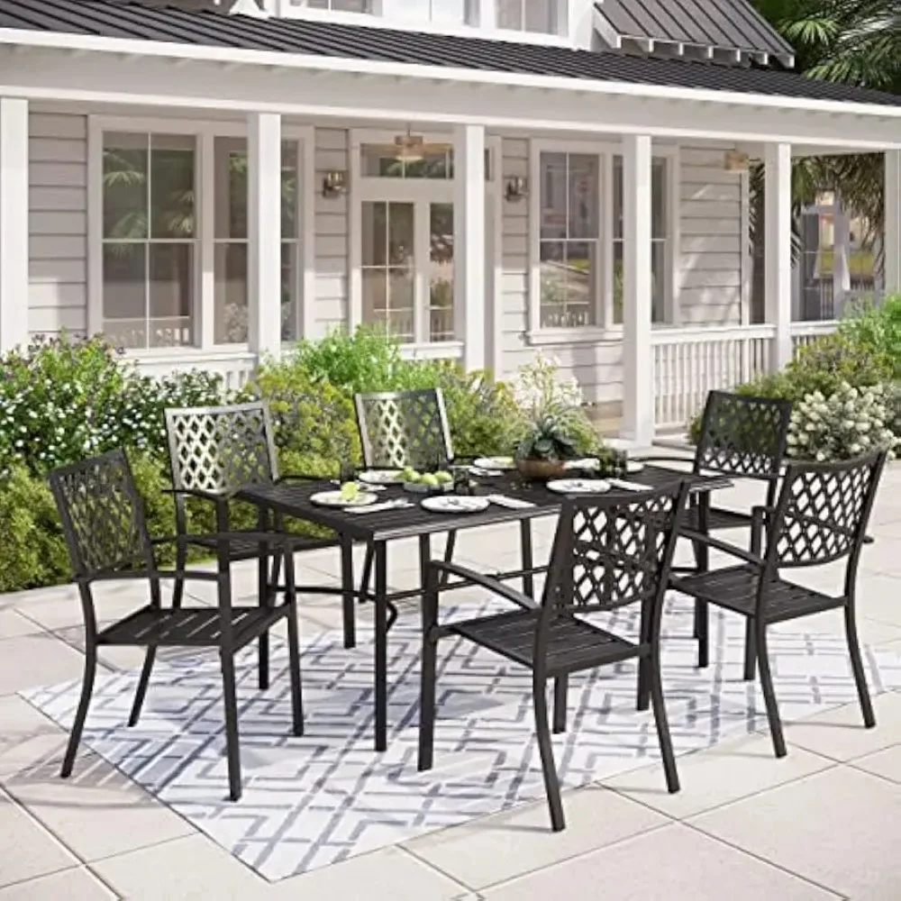 7-Piece Outdoor Dining Set, 6 Stackable E-Coating Metal Chairs and 1 Black Rectangular Table with Umbrella Hole