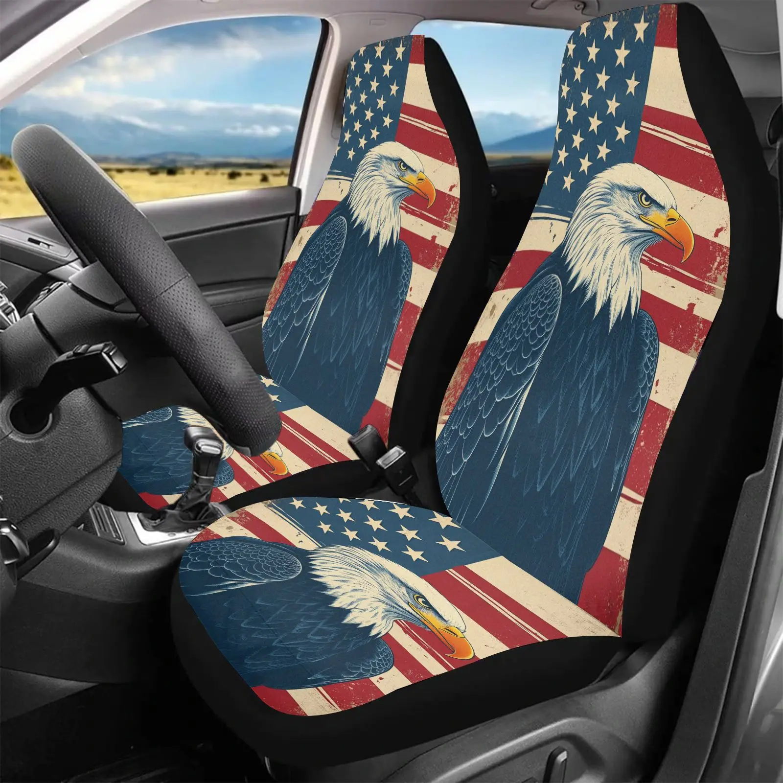 2pcs Car Seat Covers | Car Seat Covers American Flag Eagle Print Red White Blue Patriotic Design For Car Interior Decoration, Bi