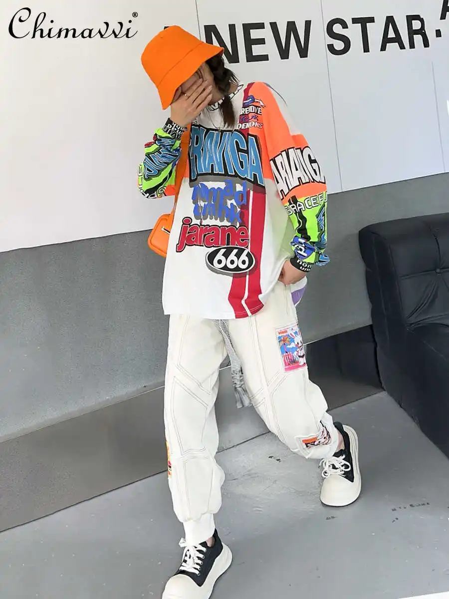 

American Retro Color Contrast Patchwork Graffiti Letter T-shirt Pants 2 Piece Set Women's Fashion Oversized Casual Sports Suit