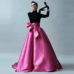 High Quality Puffy Satin Maxi Skirt with Bow Women Floor Length Long Formal Skirt Fuchsia Silk Taffeta Evening Party Skirts