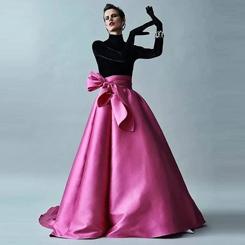High Quality Puffy Satin Maxi Skirt with Bow Women Floor Length Long Formal Skirt Fuchsia Silk Taffeta Evening Party Skirts