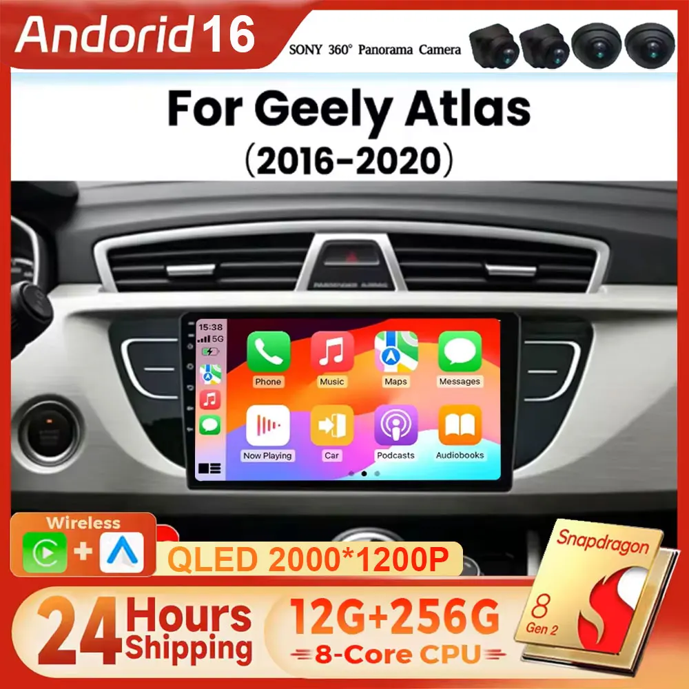For Geely Atlas NL-3 Android 16 Carplay Auto WIFI 4G Multimedia Car Radio Player Stereo Head Unit 2 DIN Wireless 2016-2020