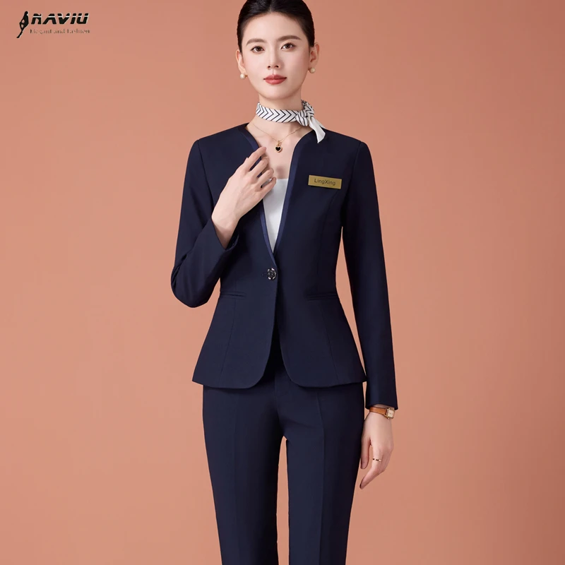 ชุดสูทสีน้ำเงินกรมท่าสำหรับผู้หญิง NAVIU แฟชั่นใหม่ สไตล์ธุรกิจ คอวี แขนยาว ทรงเข้ารูป พร้อมกางเกง ชุดทำงานสำหรับสุภาพสตรี