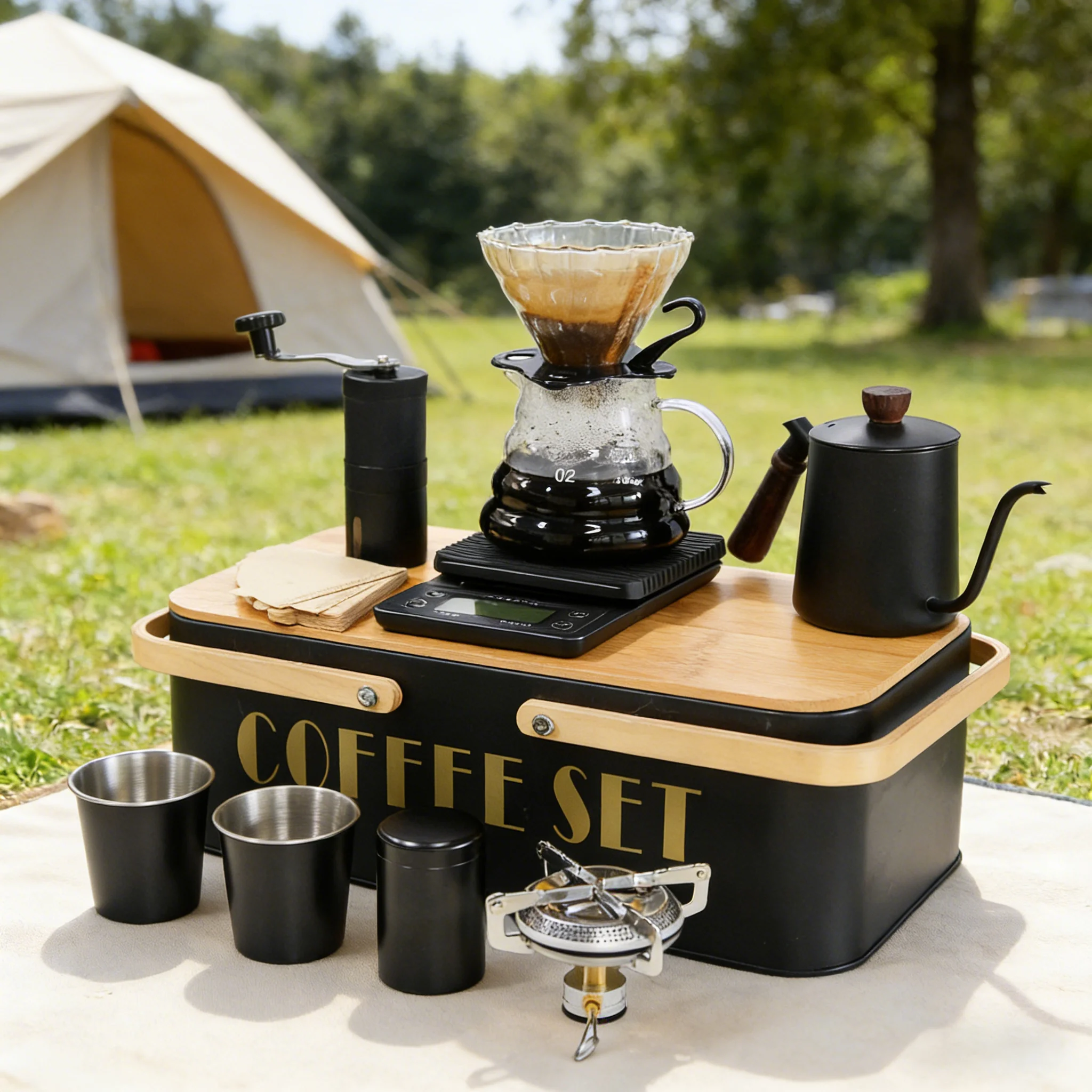 

SOTECH Pour Over Coffee Maker Set Hand Drip Coffee Set Manual Coffee Mill Grinder Glass Coffee Dripper with Wooden Collar Coffee