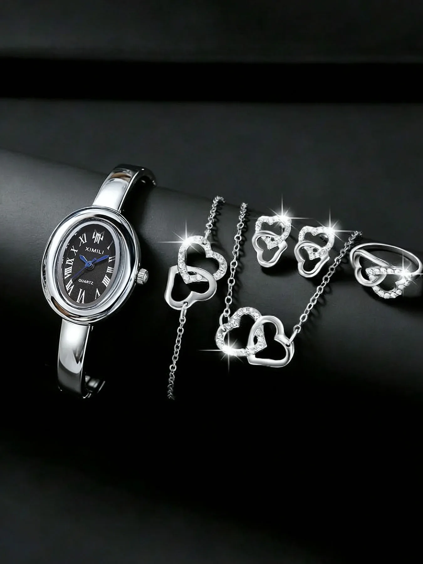 Elegant Ladies Silver Roman Dial Quartz Bangle Watch Double Heart Crystal Jewelry Set Wristwatch Female Valentine Birthday Gift