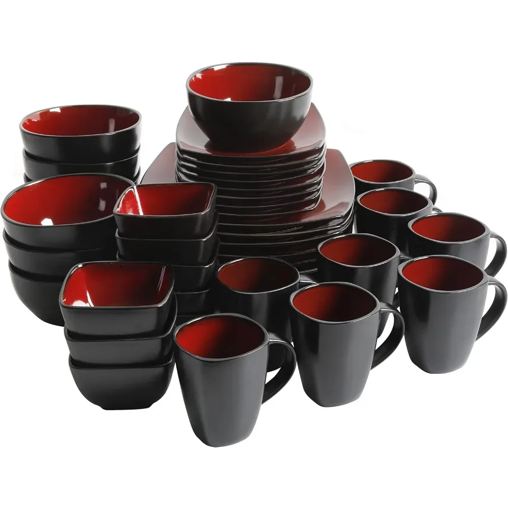 Square Reactive Glaze Dinnerware Set, Red, Service for 4 (16pcs) dishes and plates sets  dinnerware set