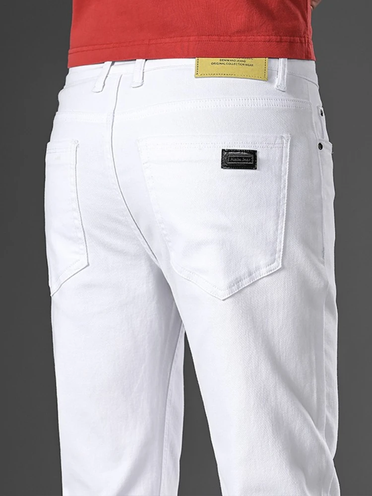

Мужские узкие прямые белые джинсы в корейском стиле, осенние хлопковые эластичные джинсовые брюки, удобные облегающие повседневные модные мужские брюки