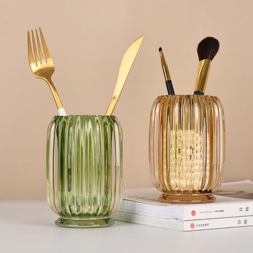 

Vertical Stripe Glass Pen Holder Creative Green& Amber Makeup Brush Bucket Dresser Ornaments Ins Vase Storage Box