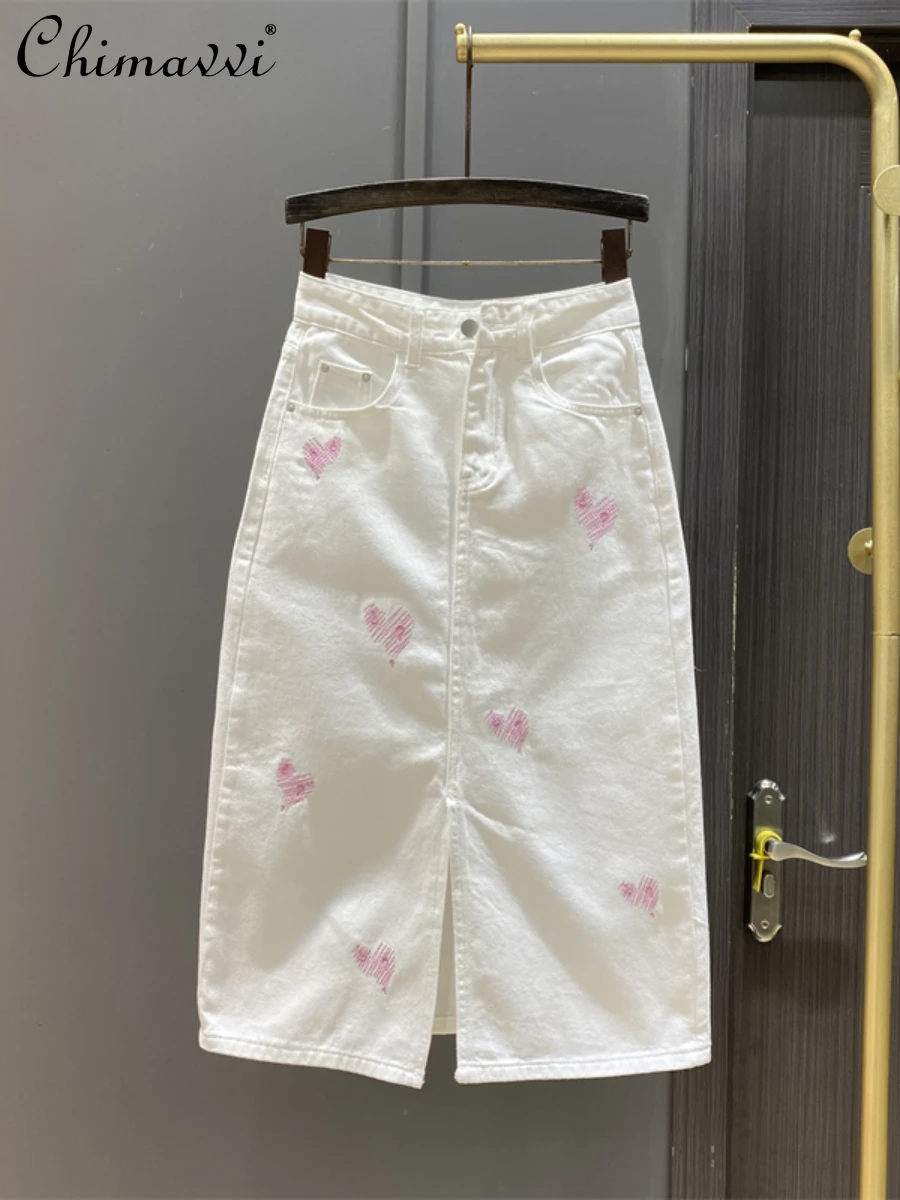 Love Embroidered Denim Skirt for Women Summer New Fashion White Casual High Waist Slimming Front Slit A- Line Sheath Midi Skirt