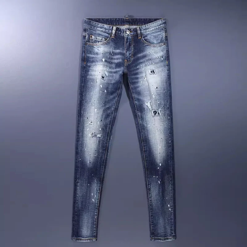Men Dark‑Blue Whisker Washed Tiny Ripped Holes White Paint Splatter Distressed Stretch Skinny Denim Jeans Hip‑Hop Streetwear Den