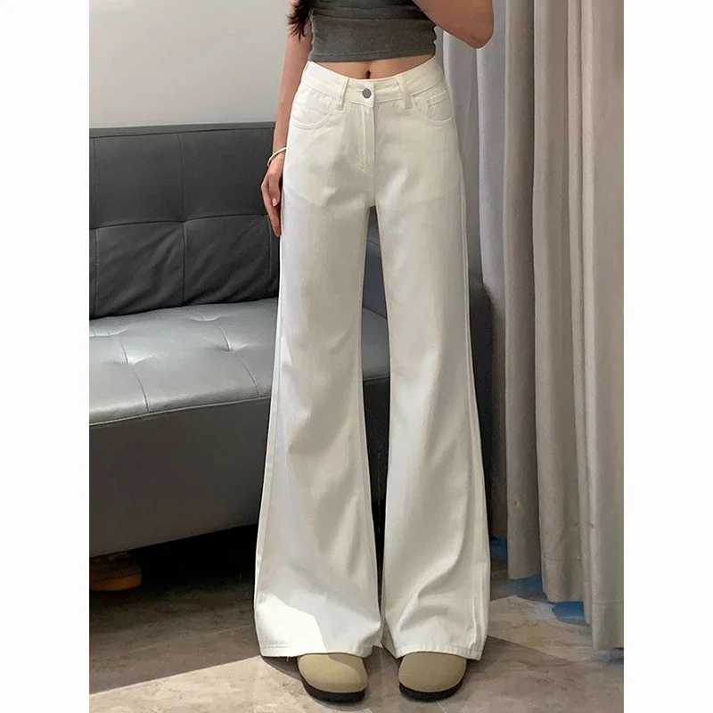

2026 Girls White Thin Flared Jeans Women Solid Color Low Waist Denim Trousers Lady Korean Fashion Comfortable Pants