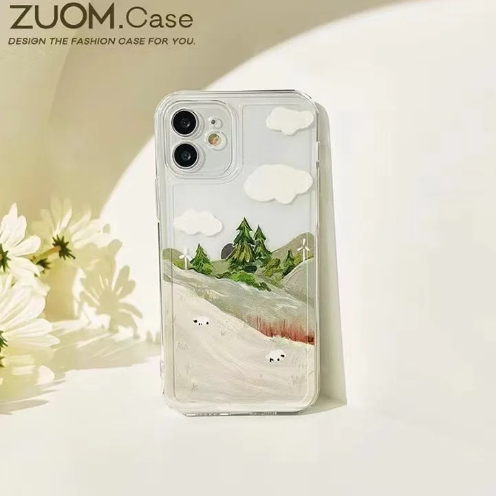 Funda de teléfono con paisaje de montaña y nube para IPhone 16 Pro Max 15 13 11 12 Mini XS MAX X 7 8 14Plus, carcasa transparente suave pintada a mano