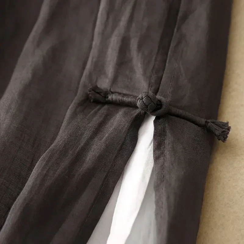 Grijs katoenlinnen casual elastische hoge taille met voering damesbroek wijde pijpen enkellange broek voor dameskleding mode