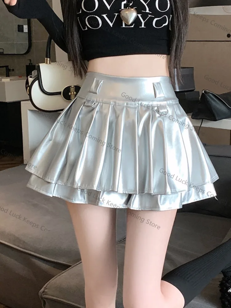 Zilver PU-leer f rok hoge taille anti-licht dames herfst 2025, nieuwe Sle A-lijn ort rok Sweet Sle Ci Walk