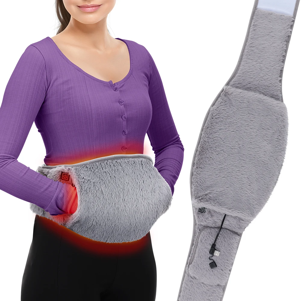 USB Heating Belt for Period Cramps & Back Pain, 3 Heat Settings, Hand Warmer Pocket, Adjustable Waist Wrap, Soft Plush, Washable